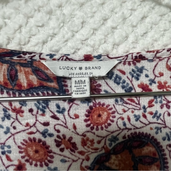 Lucky Brand Blouse Orange Maroon Details Floral Flowy Loose Fit Peasant Sleeve - Picture 2 of 8